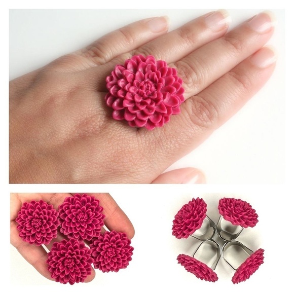 LOT OF 4 Raspberry Red Flower Rings Bundle - Adjustable Spring Summer SOLD AS IS - Picture 2 of 8